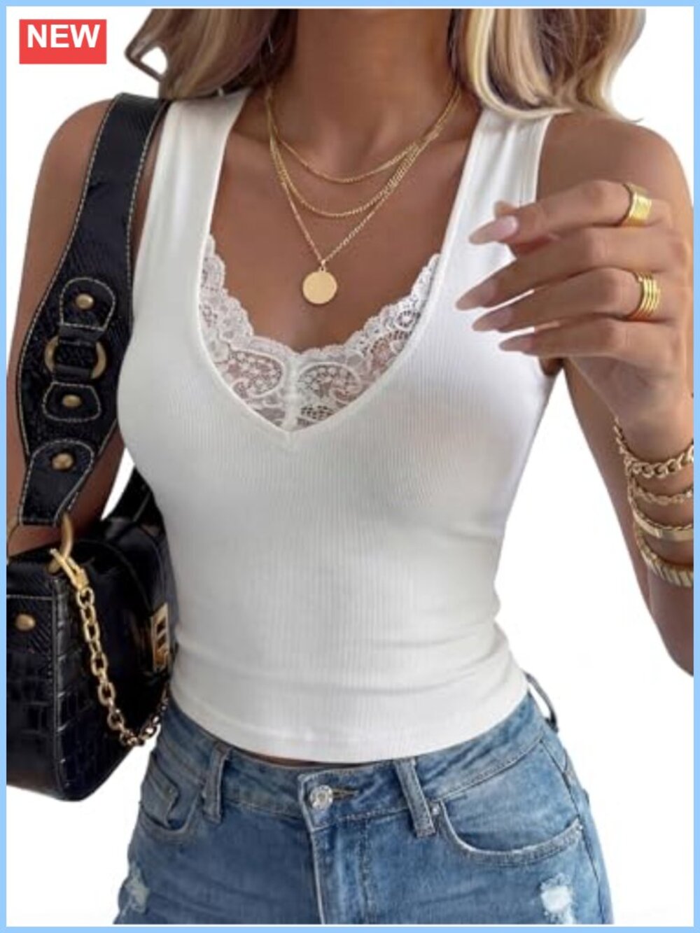 Ribbed Knit Lace V Neck Sleeveless Tank Top Slim Fit Women's